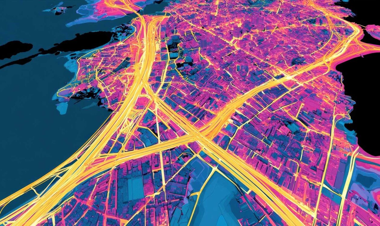 Wärmekarte einer Stadt mit Straßen und Stadtvierteln