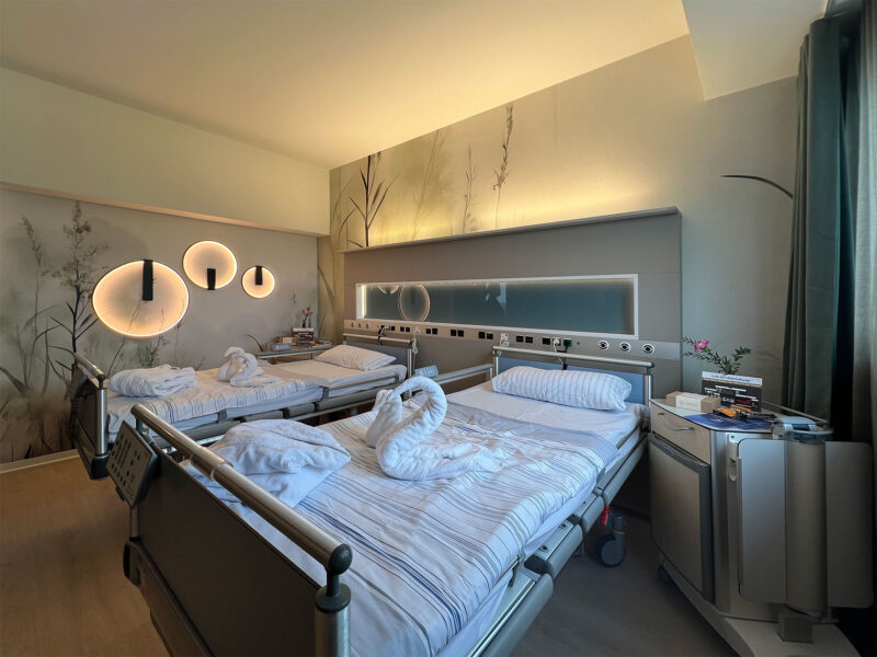 Patientenbetten mit dekorativer Handtuchfaltung vor dem Wandmotiv im Wahlleistungszimmer, Hospital zum Heiligen Geist Frankfurt